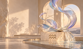 Iridescent water-ribbon sculpture with champagne-metal stars and an Aquarius glyph, in a sunlit ivory architectural gallery.