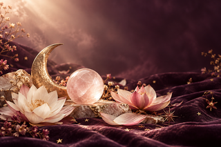 Gold crescent moon, rose quartz sphere and blush lotus petals on plum fabric.