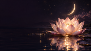 A blush lotus glowing on a midnight pool beneath a crescent moon